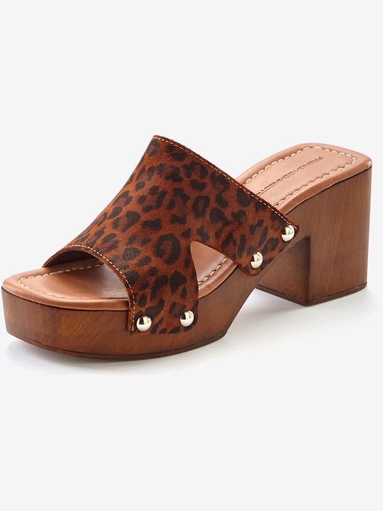 Mules tendance en cuir de qualité et imitation bois mode, couleur marron, taille 37, marque French Connection - helline
