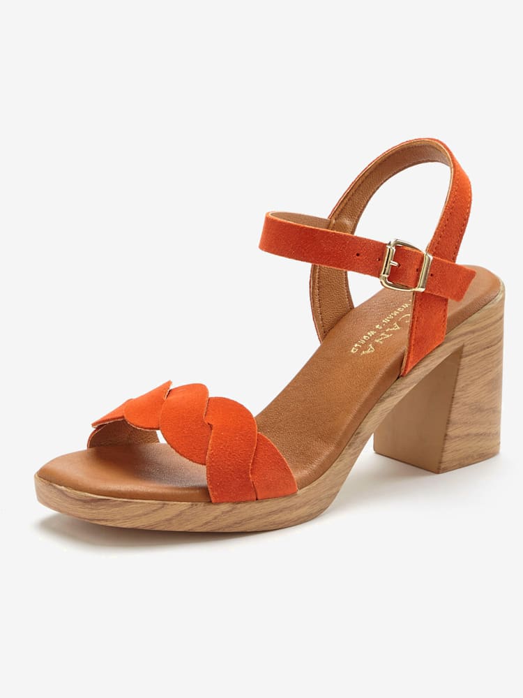 Sandales à brides talon bottier confortable, brides effet tressé et imitation daim élégante, couleur : orange moyen uni, taille 41, marque LASCANA,
