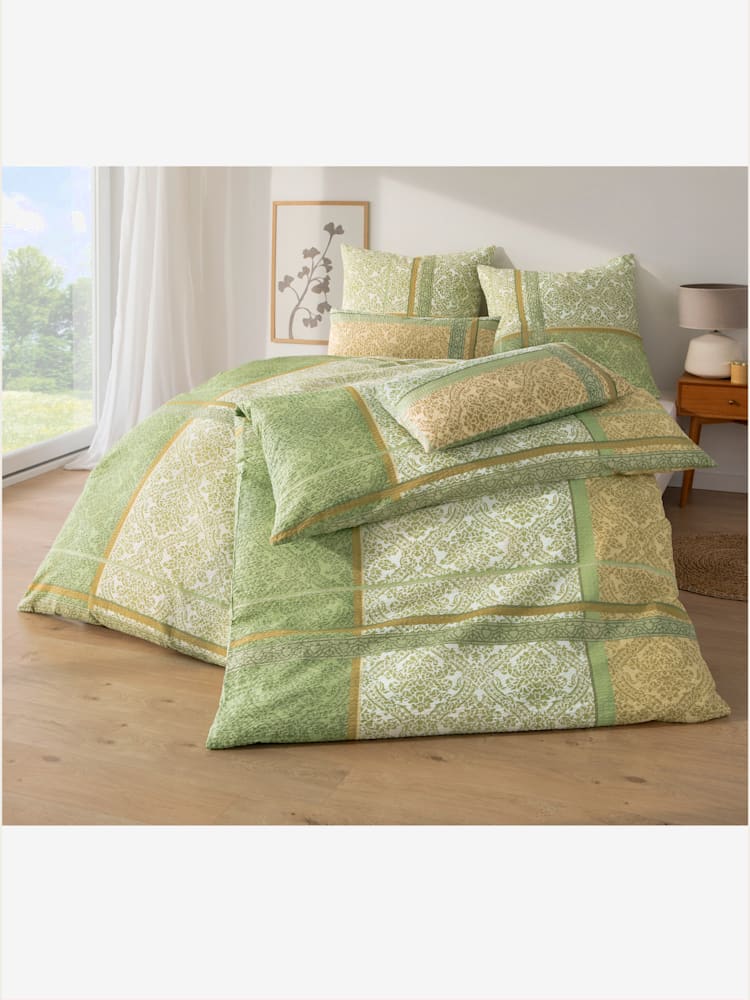 Linge de lit seersucker à repassage superflu, Seersucker, couleur : vert moyen à motifs, taille 80x80/155x220 cm, marque Biberna, 100% coton - helline