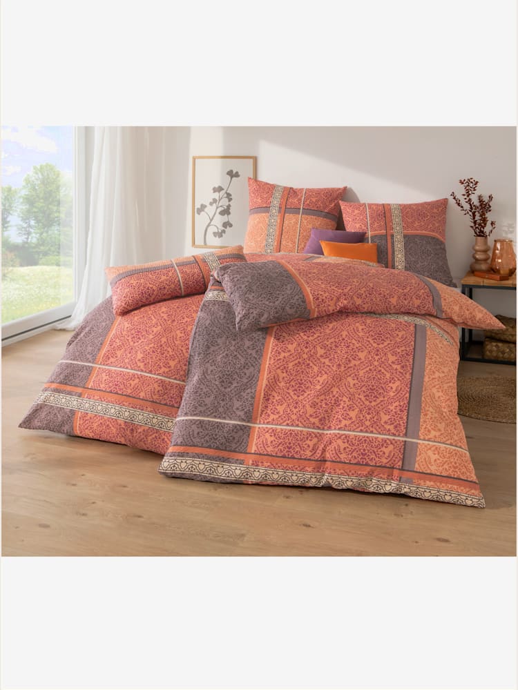Linge de lit seersucker à repassage superflu, couleur orange, taille 40x80/135x200 cm, marque Biberna - helline