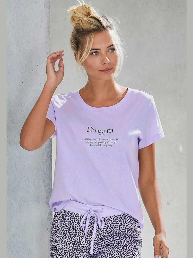 Haut de pyjama court imprimé devant, couleur : violet moyen uni, taille 38/40, marque Vivance Dreams by Lascana, 100% coton - helline