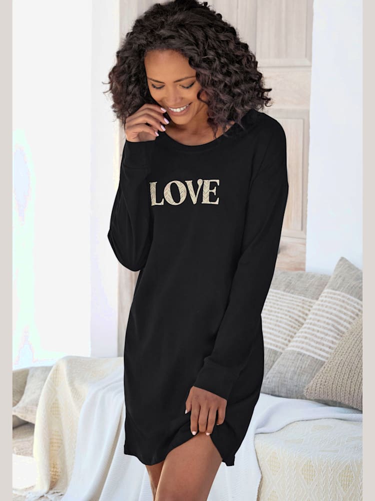 Chemise de nuit courte avec grand imprimé devant, couleur noir, taille 34/36, marque Vivance Dreams - helline
