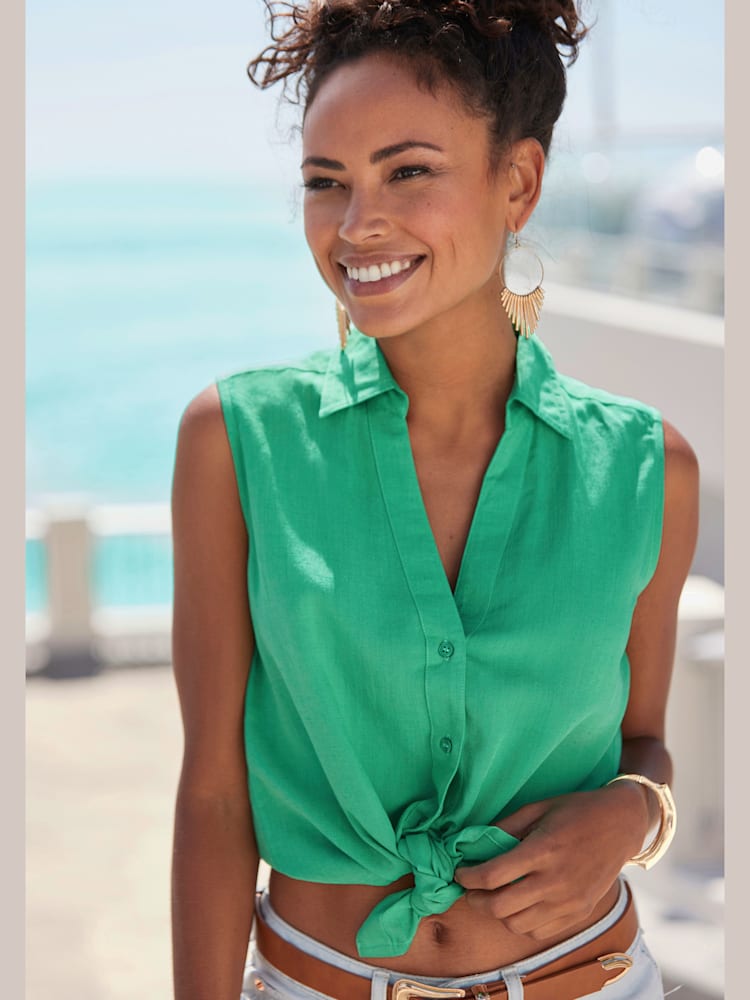 Débardeur col chemisier classique, couleur vert, taille 44, marque LASCANA - helline