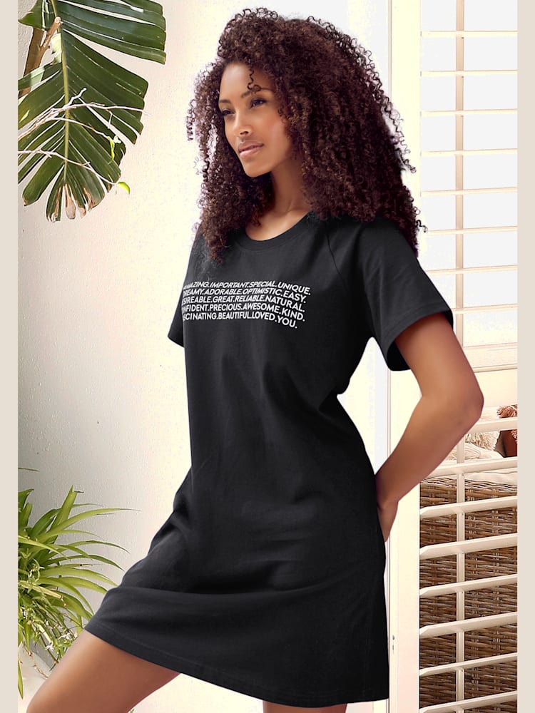 T-shirt de nuit avec inscription encolure ronde douce, couleur : noir uni, taille 34/36, marque KangaROOS, 100% coton - helline