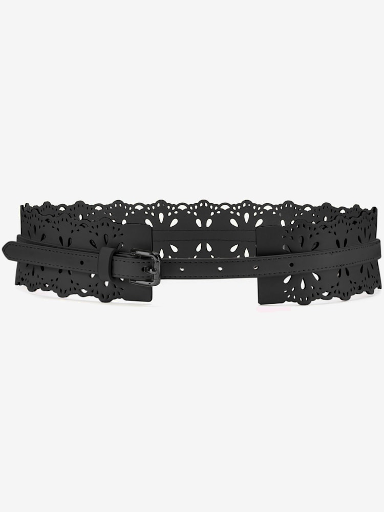 Large ceinture avec découpes tendance, couleur : noir uni, taille 75, marque LASCANA, 100% cuir - helline
