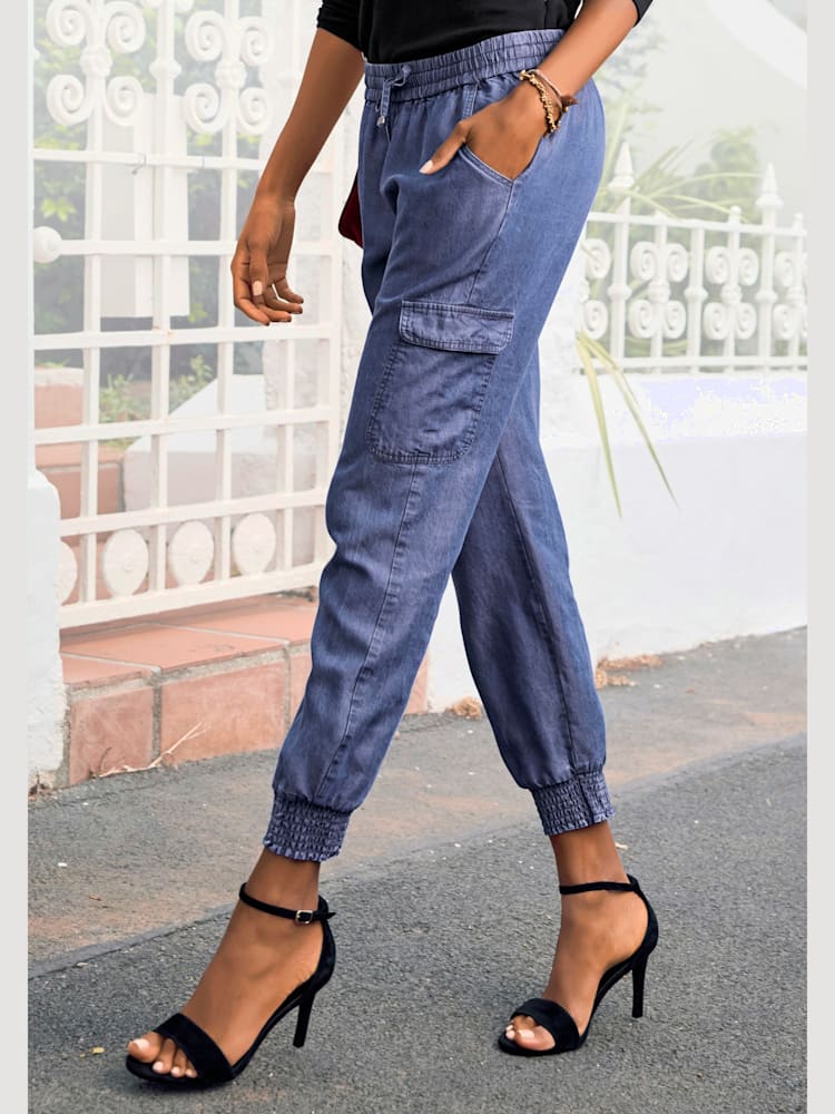 Pantalon ceinture smockée élastique et coulisse, couleur bleu, taille 44, marque LASCANA - helline