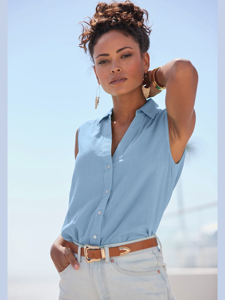 Débardeur col chemisier classique, couleur bleu, taille 46, marque LASCANA - helline