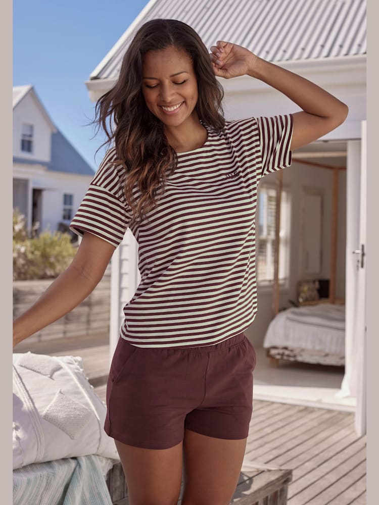 Pyjama court à rayures en fils teintés, couleur : rouge foncé uni, taille 38/40, marque H.I.S, 95% coton;5% élasthanne - helline