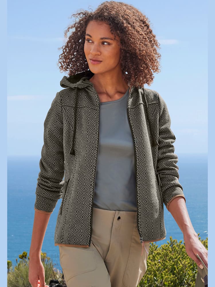 Veste en tricot polaire avec capuche, couleur vert, taille 34/36, marque LASCANA ACTIVE - helline